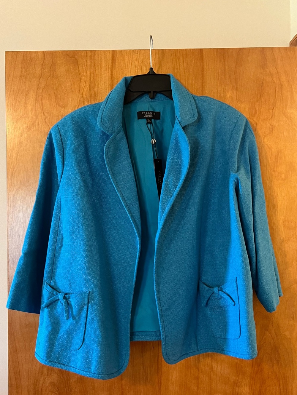 Talbots Blue Blazer Jacket Pocket Bow Detail Open Front NWT Petite 18 18WP